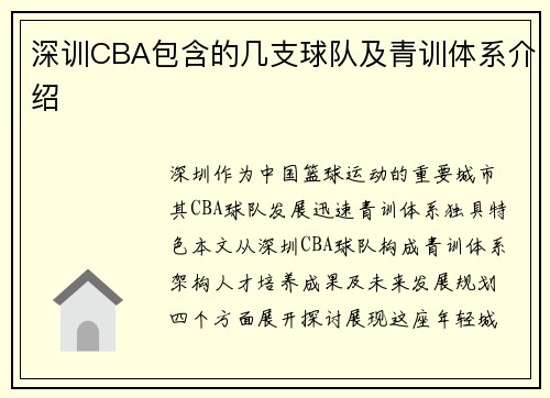深训CBA包含的几支球队及青训体系介绍