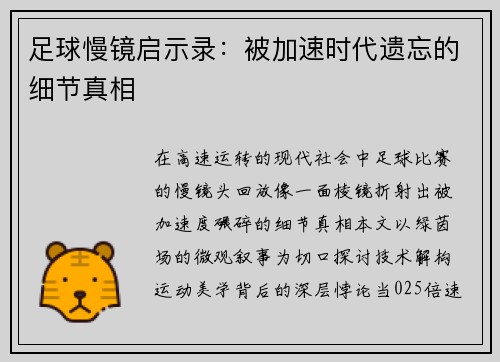 足球慢镜启示录：被加速时代遗忘的细节真相