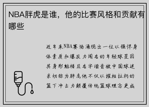 NBA胖虎是谁，他的比赛风格和贡献有哪些